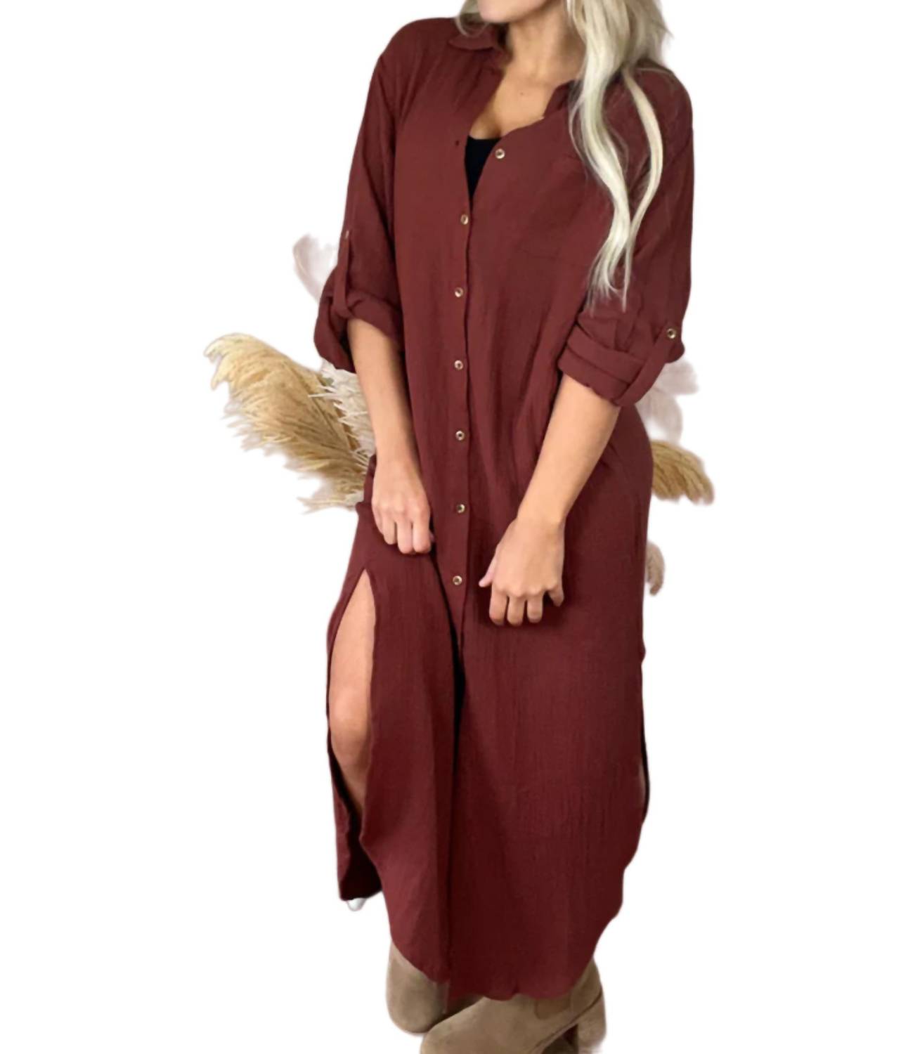 Style Usa - Maxi Gauze Shirt Dress