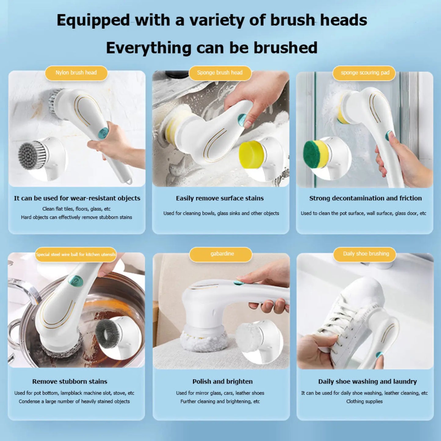 Electric Cleaning Brush Cordless Scrubber with 5 Heads