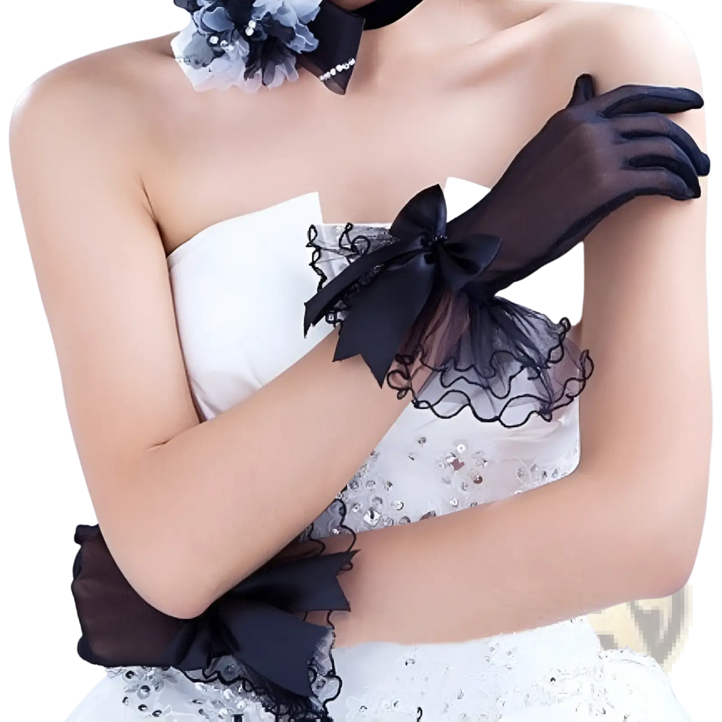 Elegant Black Lace and Satin Bow Evening Gloves