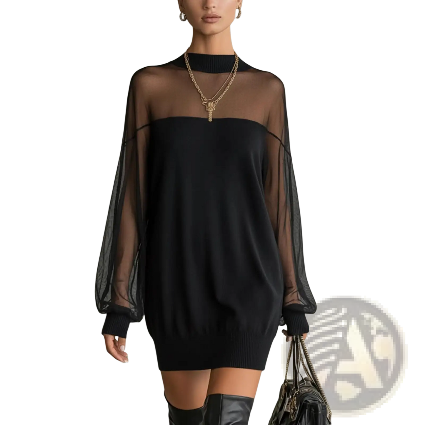 Elegant Black Mesh Patchwork Long Sleeve Mini Dress