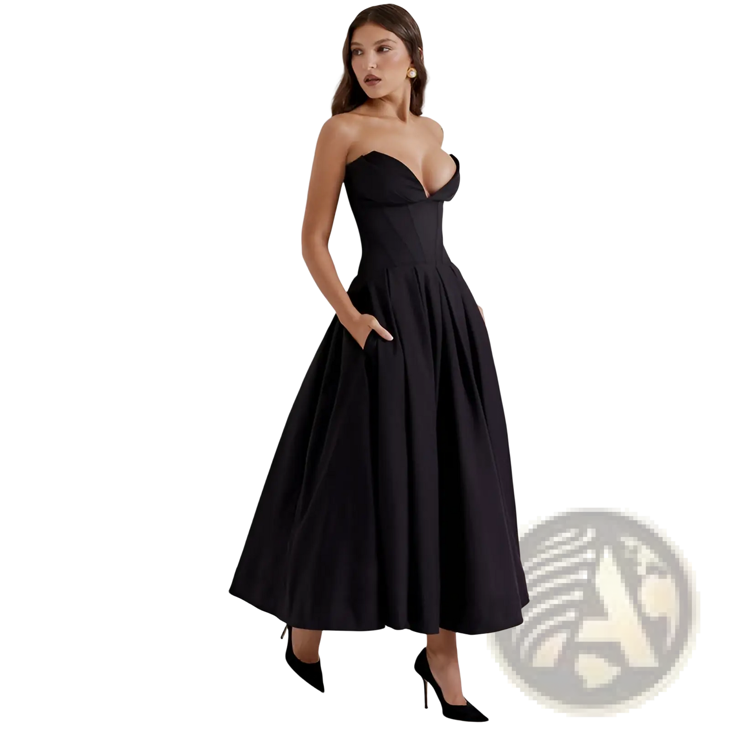 Elegant Black Strapless Flared Midi Dress