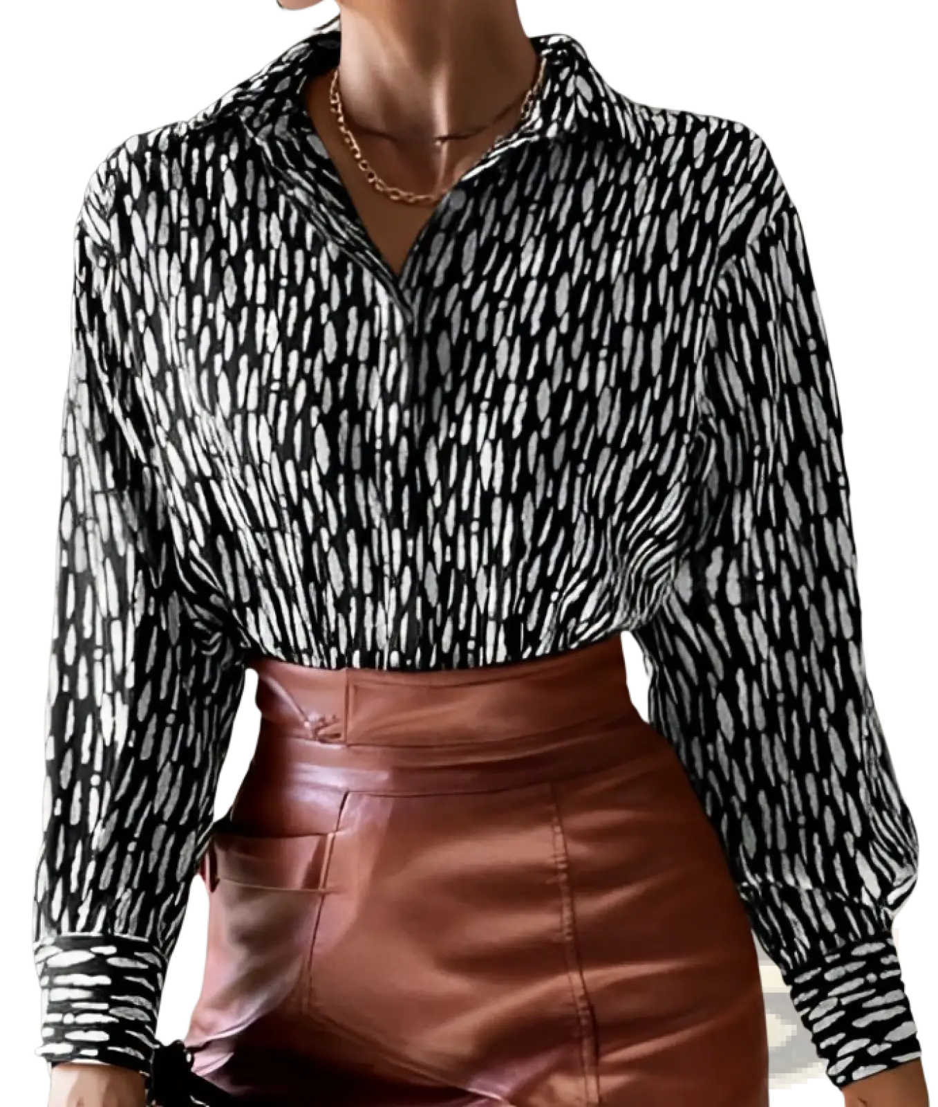 Elegant Black and White Patterned Satin Button Up Blouse