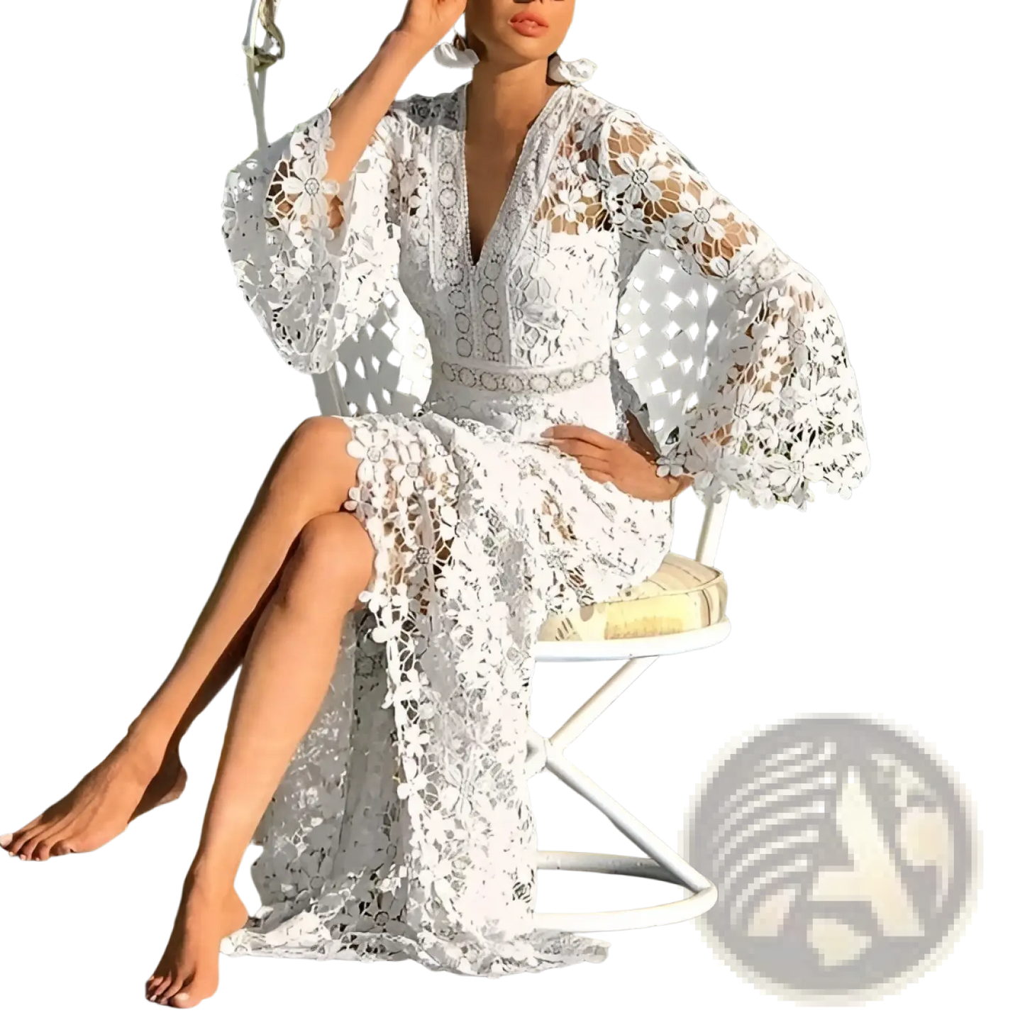 Elegant Floral Lace Bell Sleeve Midi Dress