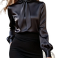 Elegant High Neck Satin Bow Blouse with Puff Sleeves