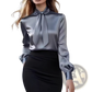 Elegant High Neck Satin Bow Blouse with Puff Sleeves