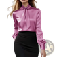 Elegant High Neck Satin Bow Blouse with Puff Sleeves