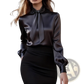 Elegant High Neck Satin Bow Blouse with Puff Sleeves