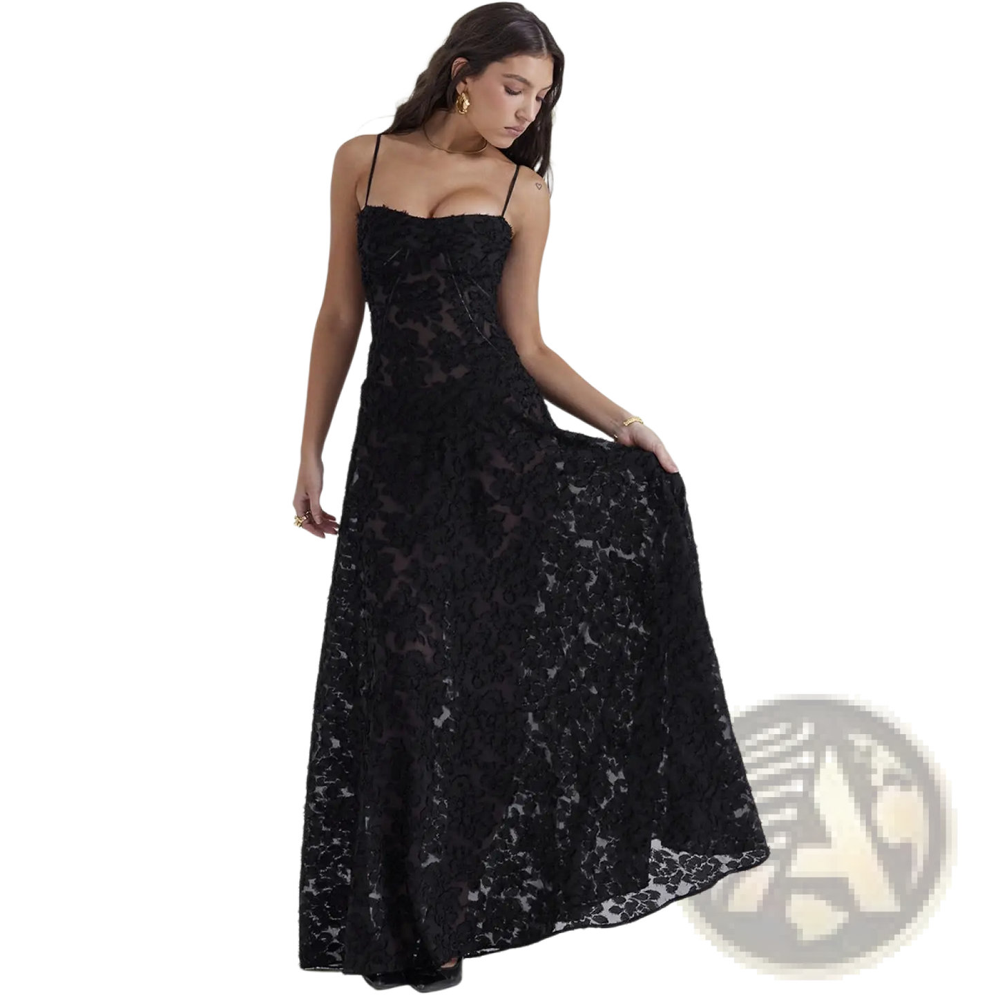 Elegant Lace Embroidery Spaghetti Strap Maxi Dress