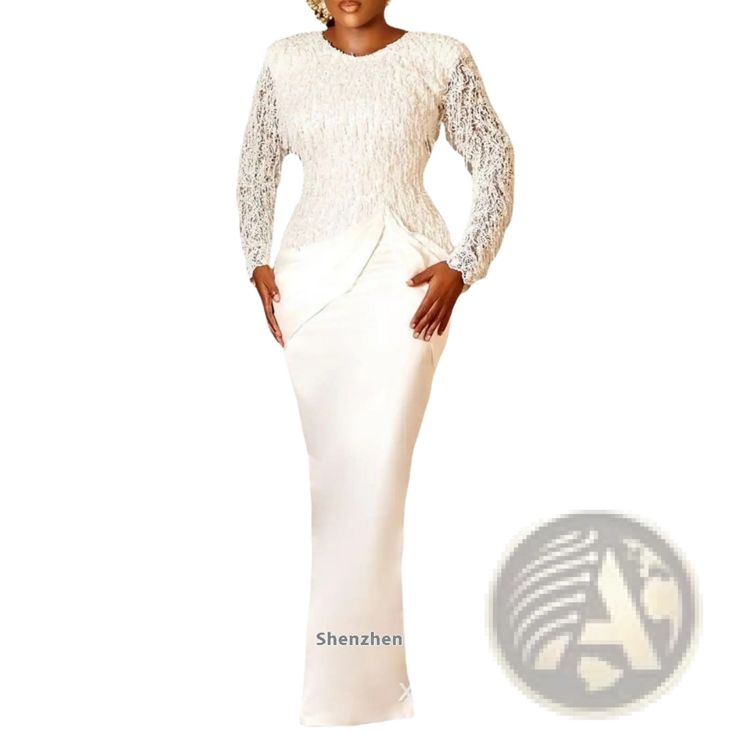 Elegant Lace and Satin Long Sleeve Tassel Gown