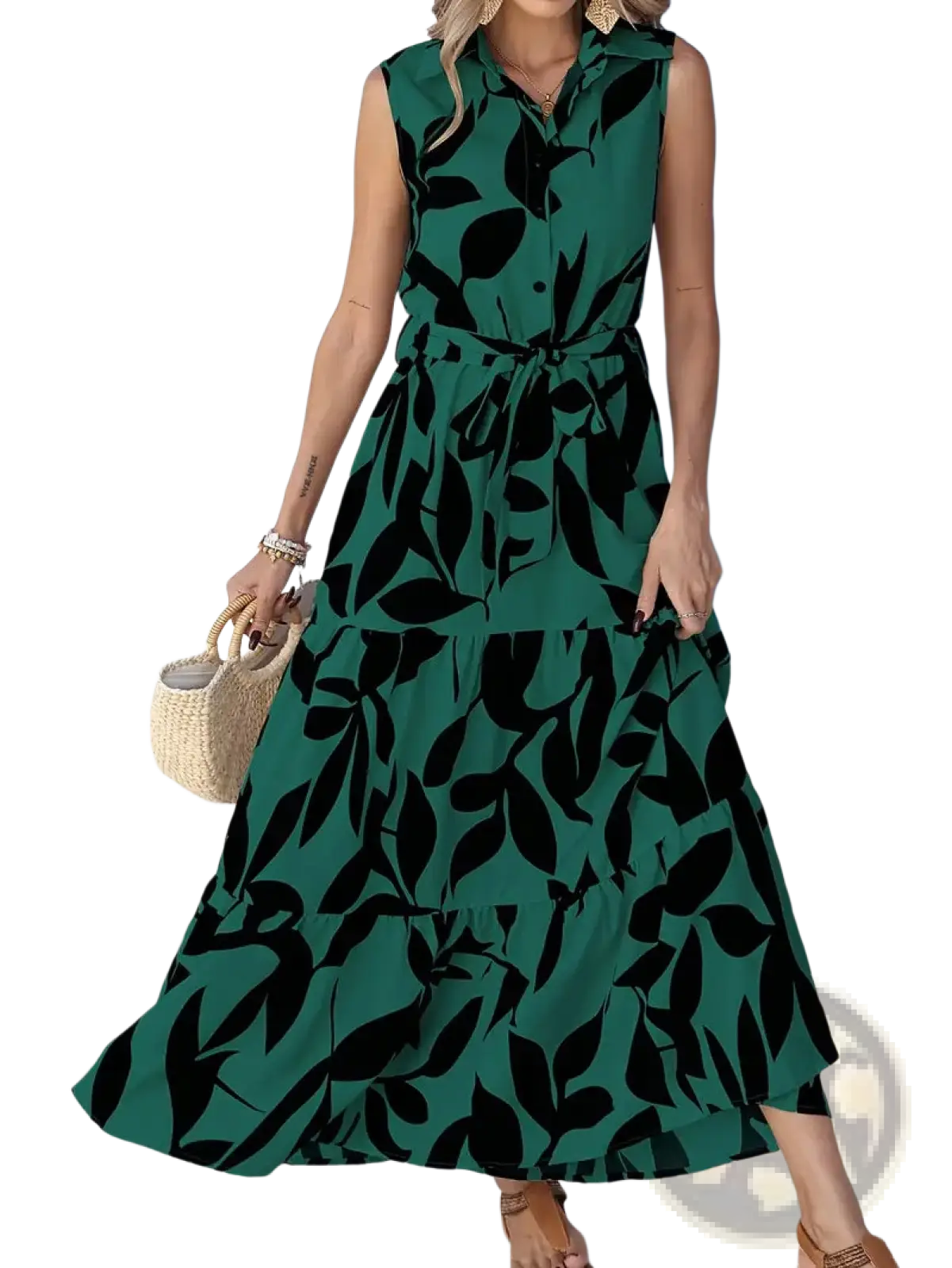 Elegant Leaf Print Sleeveless Tiered Maxi Dress