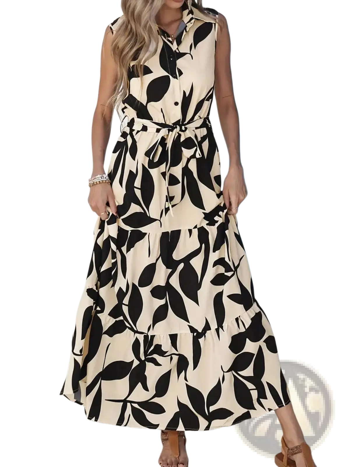 Elegant Leaf Print Sleeveless Tiered Maxi Dress