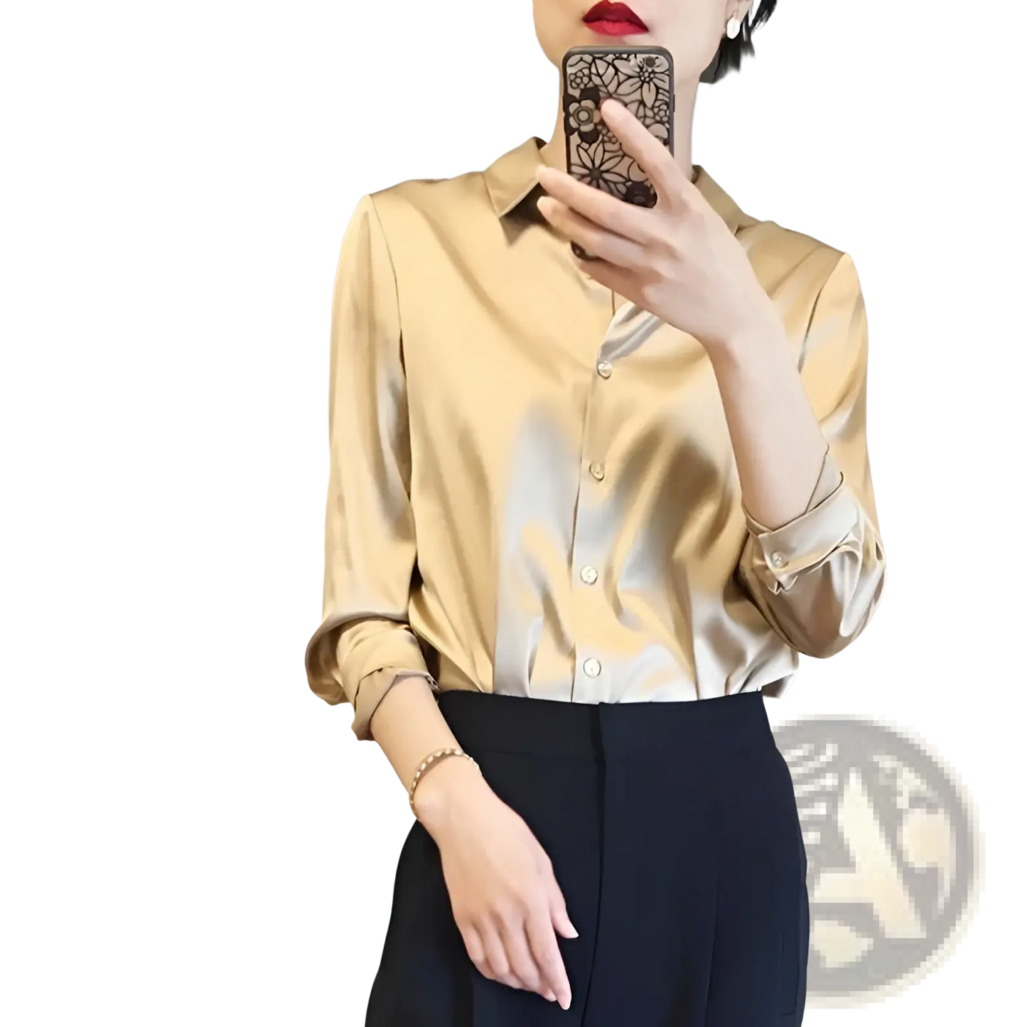 Elegant Long Sleeve Satin Button Down Silk Blouse