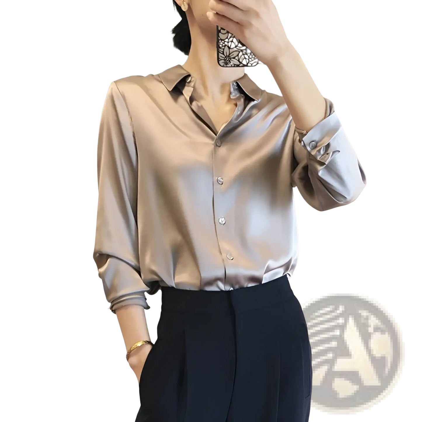 Elegant Long Sleeve Satin Button Down Silk Blouse