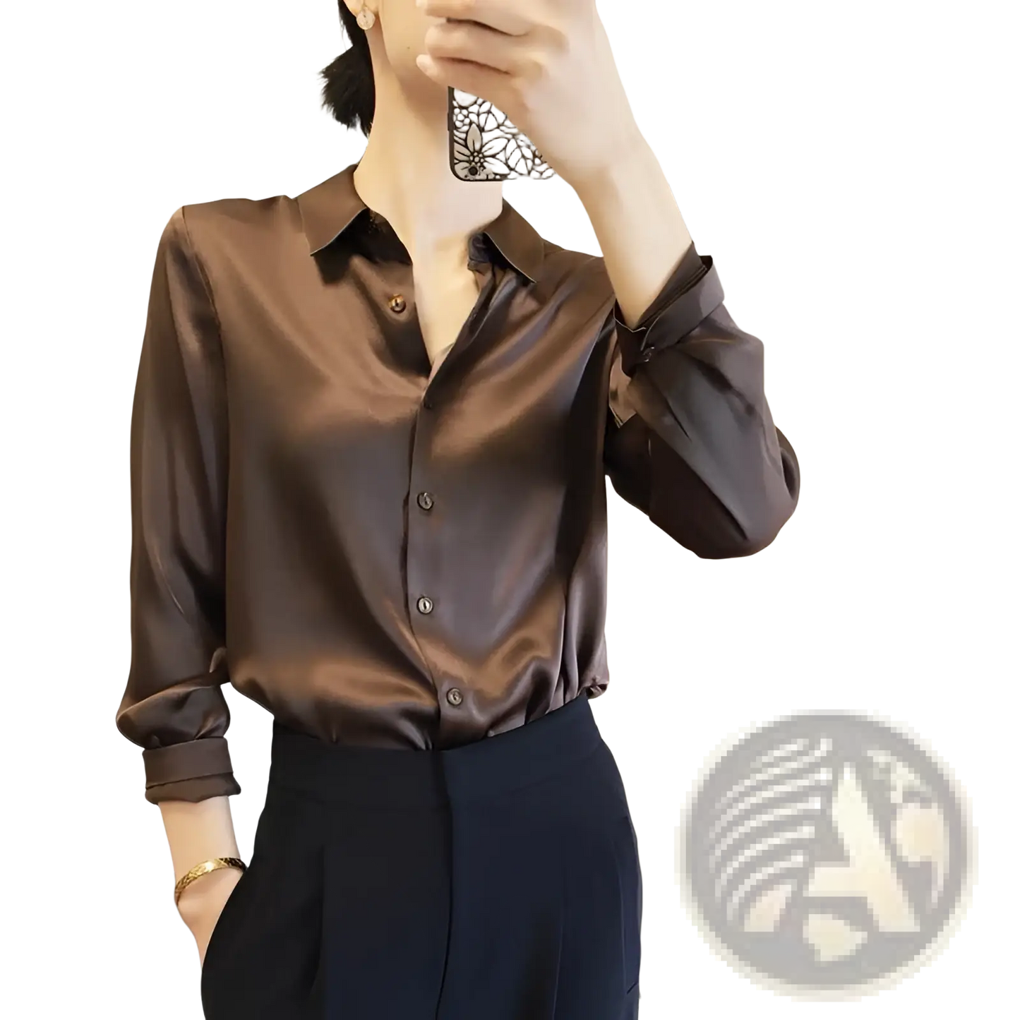 Elegant Long Sleeve Satin Button Down Silk Blouse