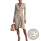 Elegant Long Sleeve v Neck Pleated Satin Midi Dress