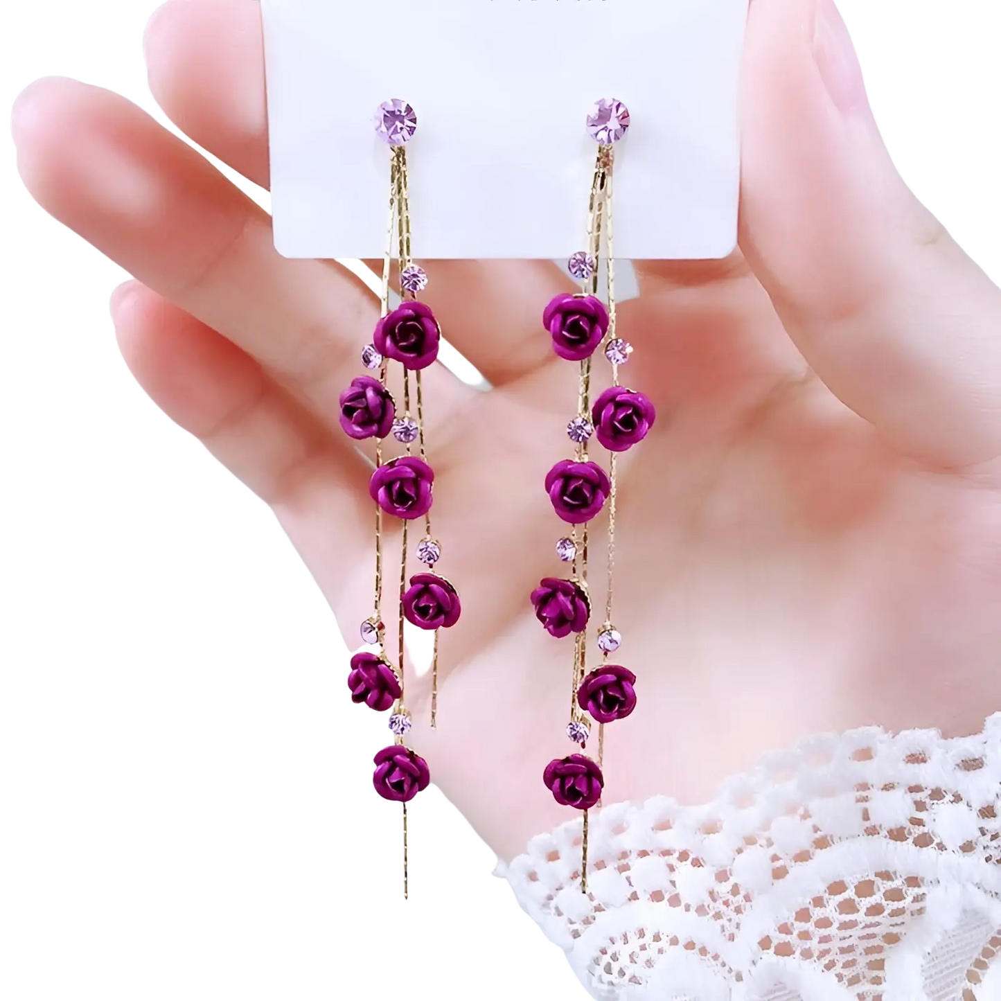 Elegant Rose Tassel Drop Earrings with Rhinestones and Pearls
