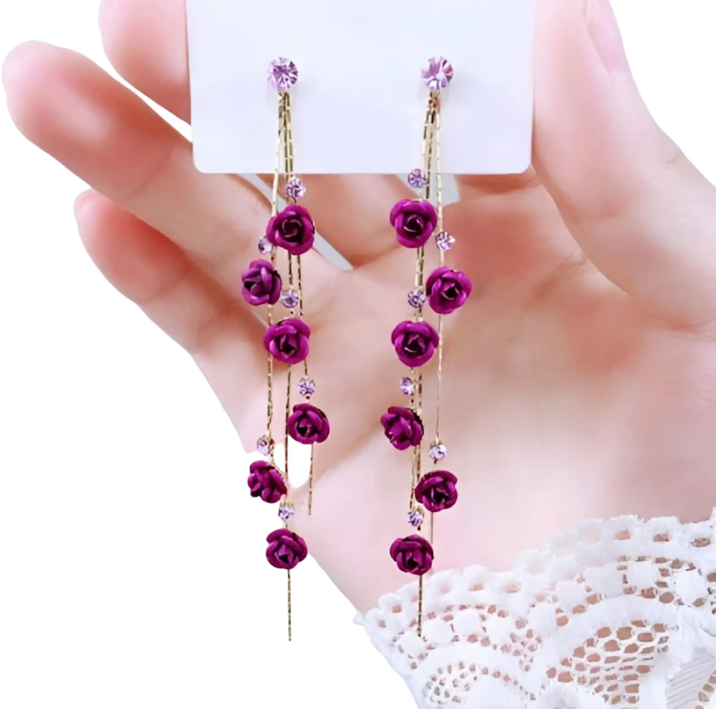 Elegant Rose Tassel Drop Earrings with Rhinestones and Pearls