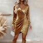 Gold Velvet Sequin v Neck Long Sleeve Wrap Dress