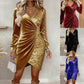 Gold Velvet Sequin v Neck Long Sleeve Wrap Dress