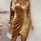 Gold Velvet Sequin v Neck Long Sleeve Wrap Dress