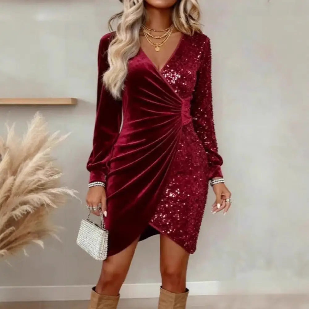 Gold Velvet Sequin v Neck Long Sleeve Wrap Dress