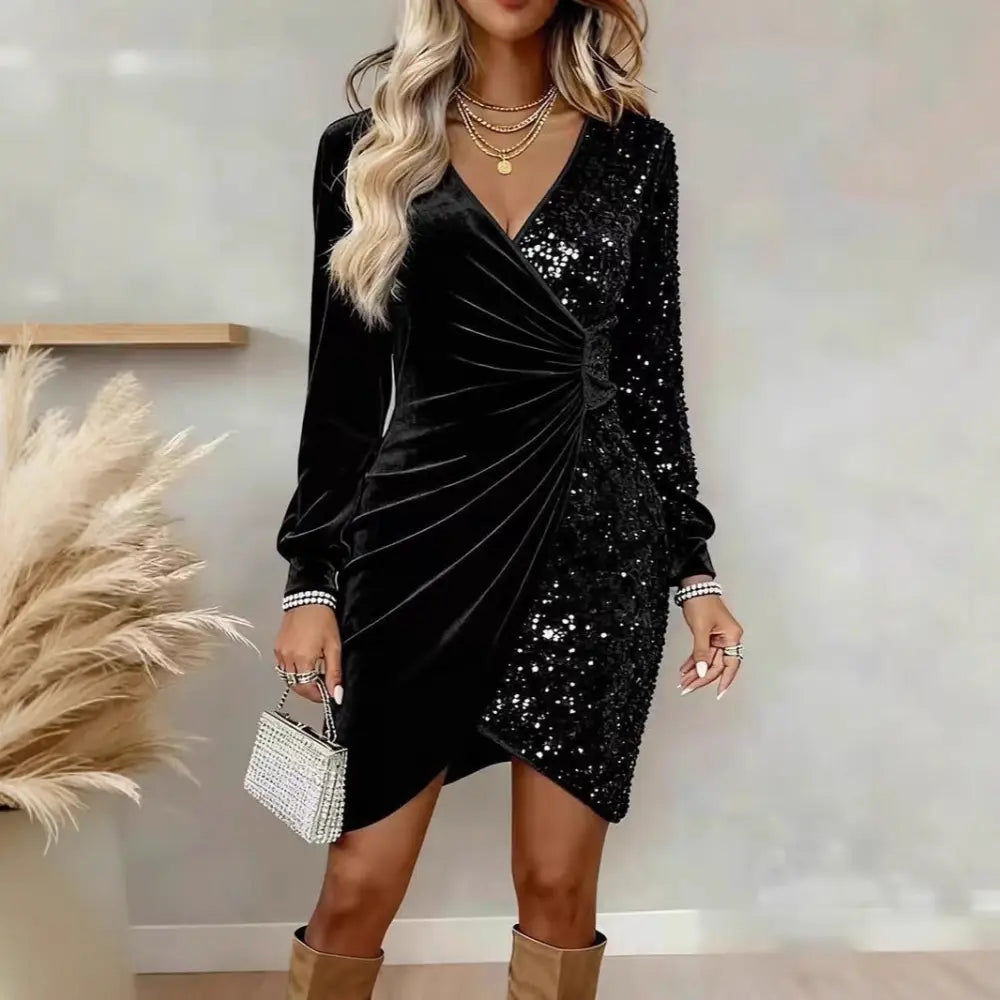Gold Velvet Sequin v Neck Long Sleeve Wrap Dress