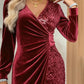 Gold Velvet Sequin v Neck Long Sleeve Wrap Dress
