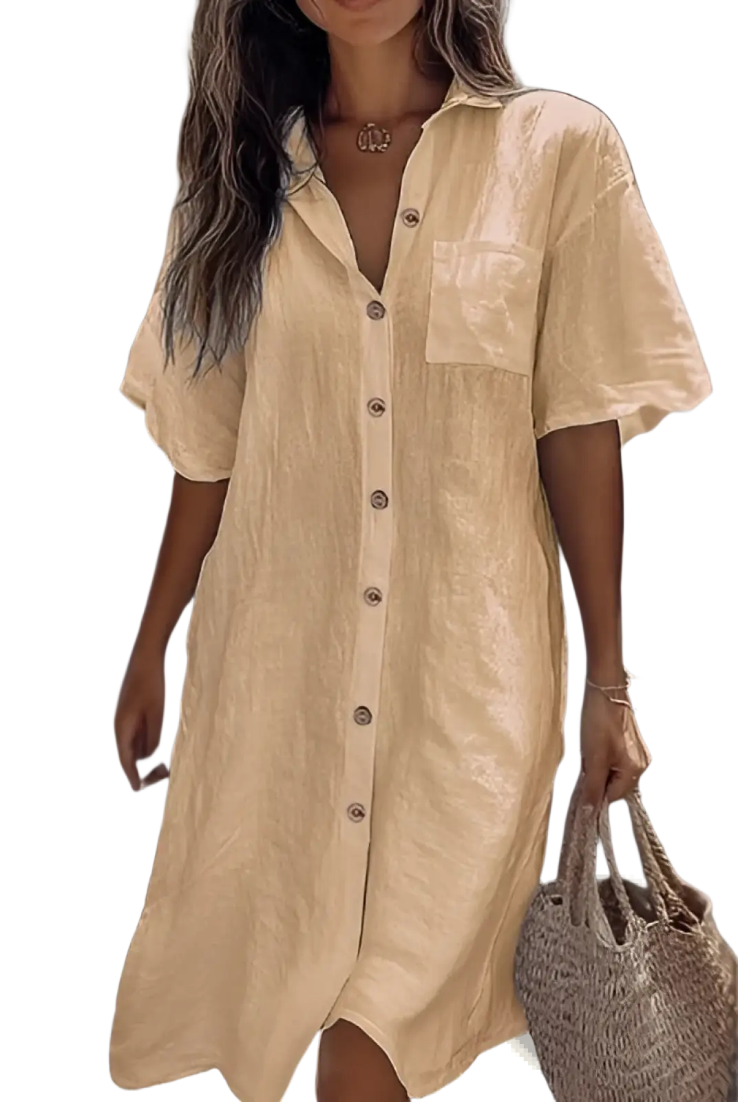 Elegant Short Sleeve Button Down Linen Shirt Dress