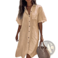 Elegant Short Sleeve Button Down Linen Shirt Dress