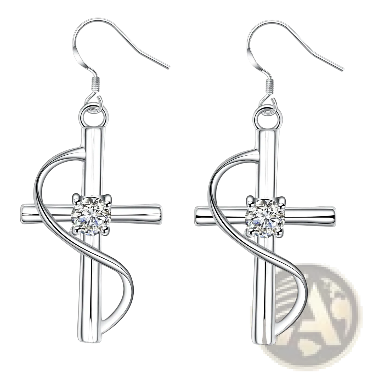 Elegant Silver Swirling Gemstone Cross Earrings