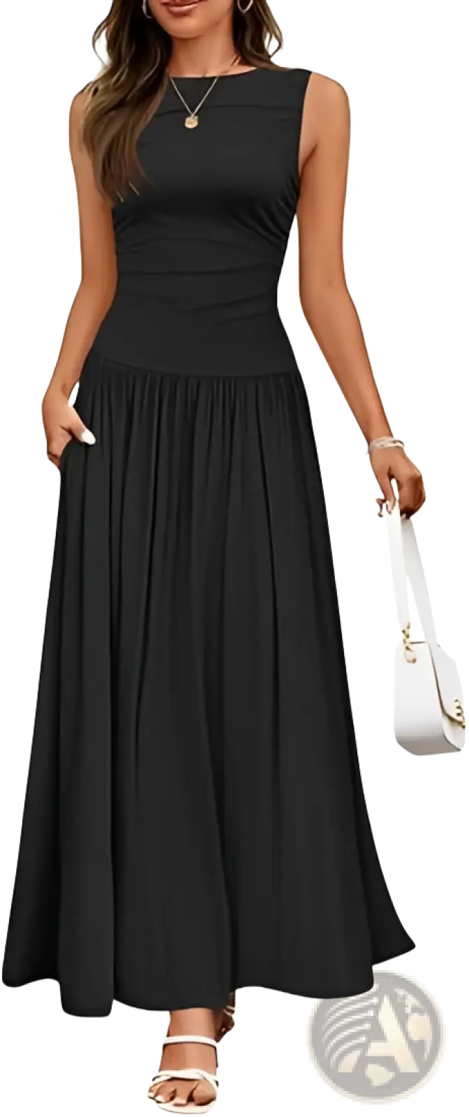 Elegant Sleeveless Pleated Maxi Dress with Pockets