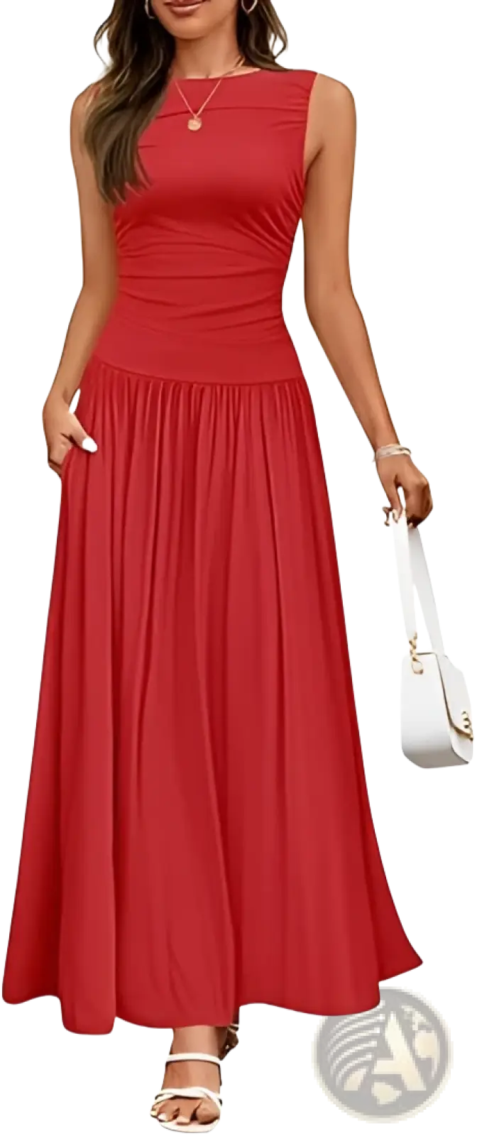 Elegant Sleeveless Pleated Maxi Dress with Pockets