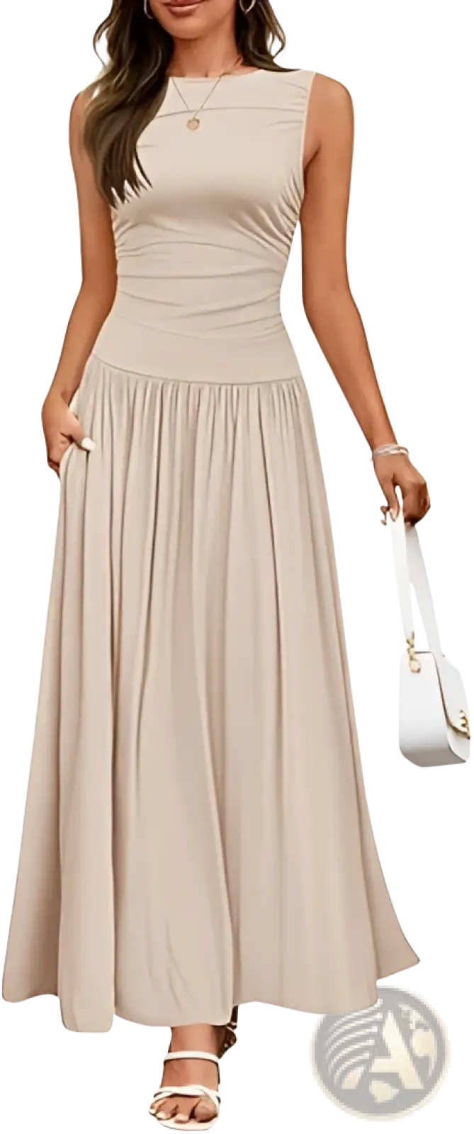 Elegant Sleeveless Pleated Maxi Dress with Pockets
