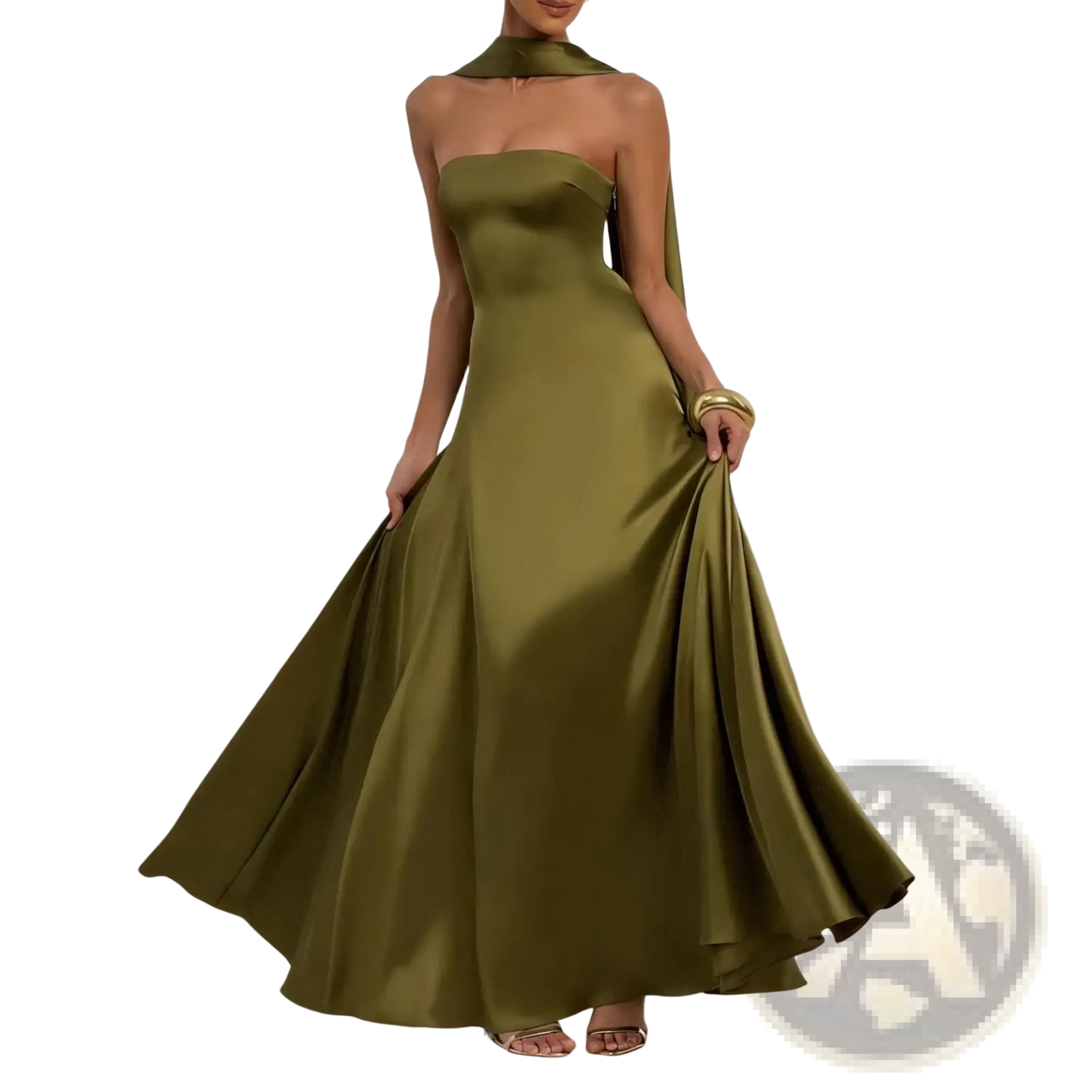 Elegant Strapless Satin Evening Gown with Draped Neckline