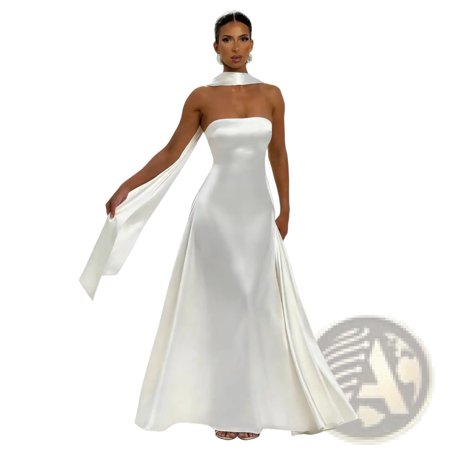 Elegant Strapless Satin Evening Gown with Draped Neckline