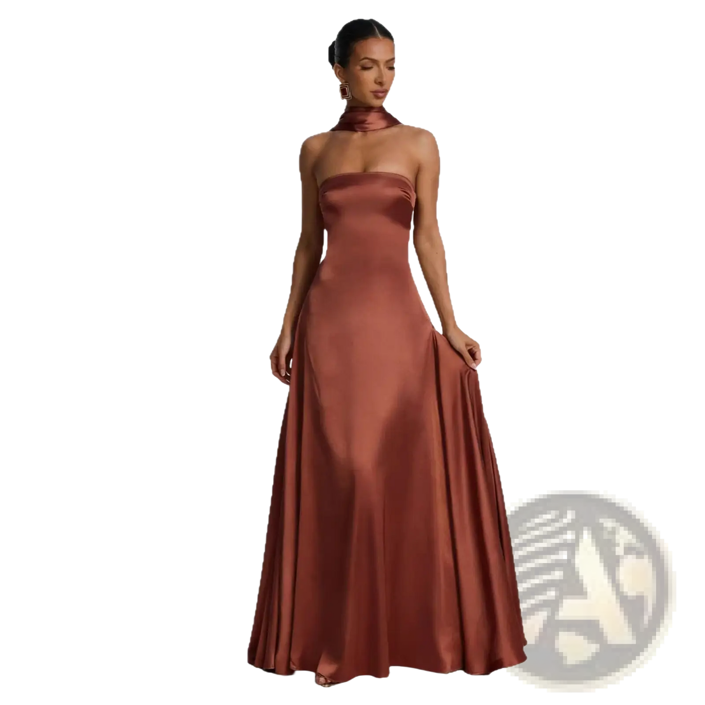 Elegant Strapless Satin Evening Gown with Draped Neckline