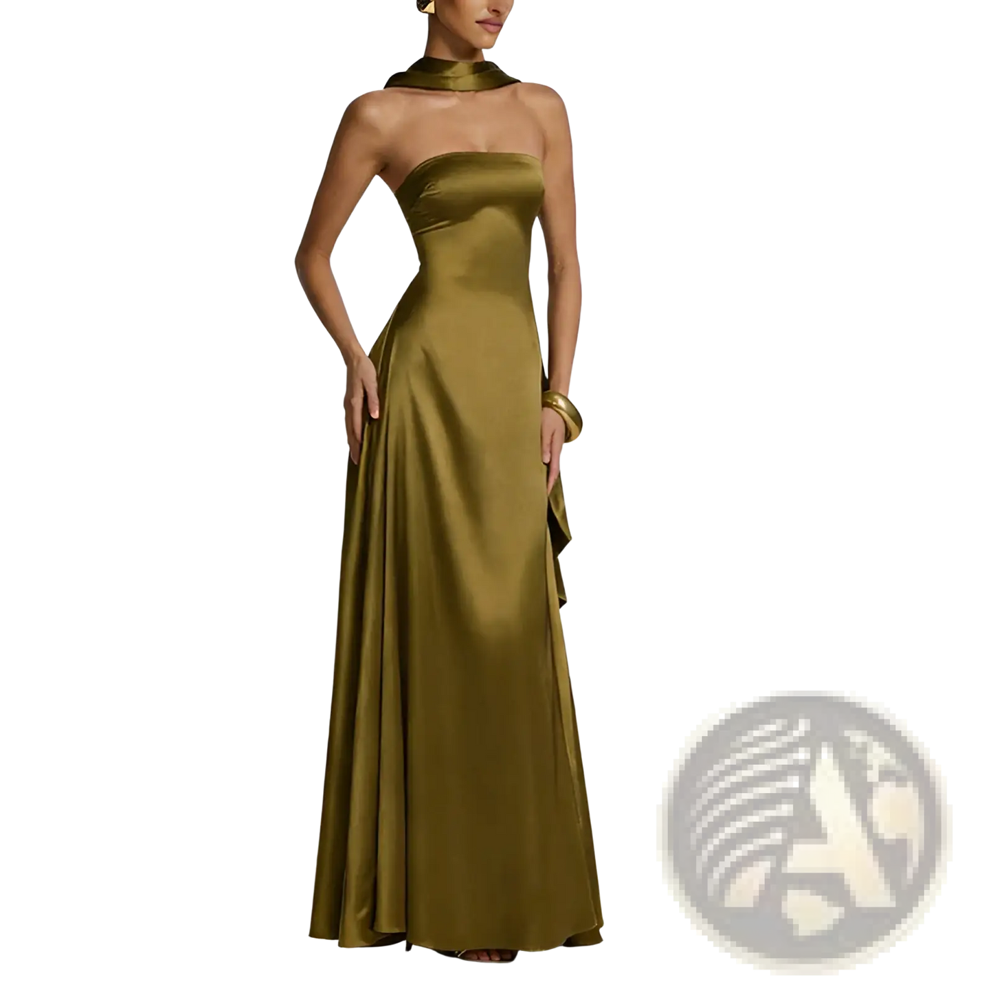 Elegant Strapless Satin Evening Gown with Draped Neckline
