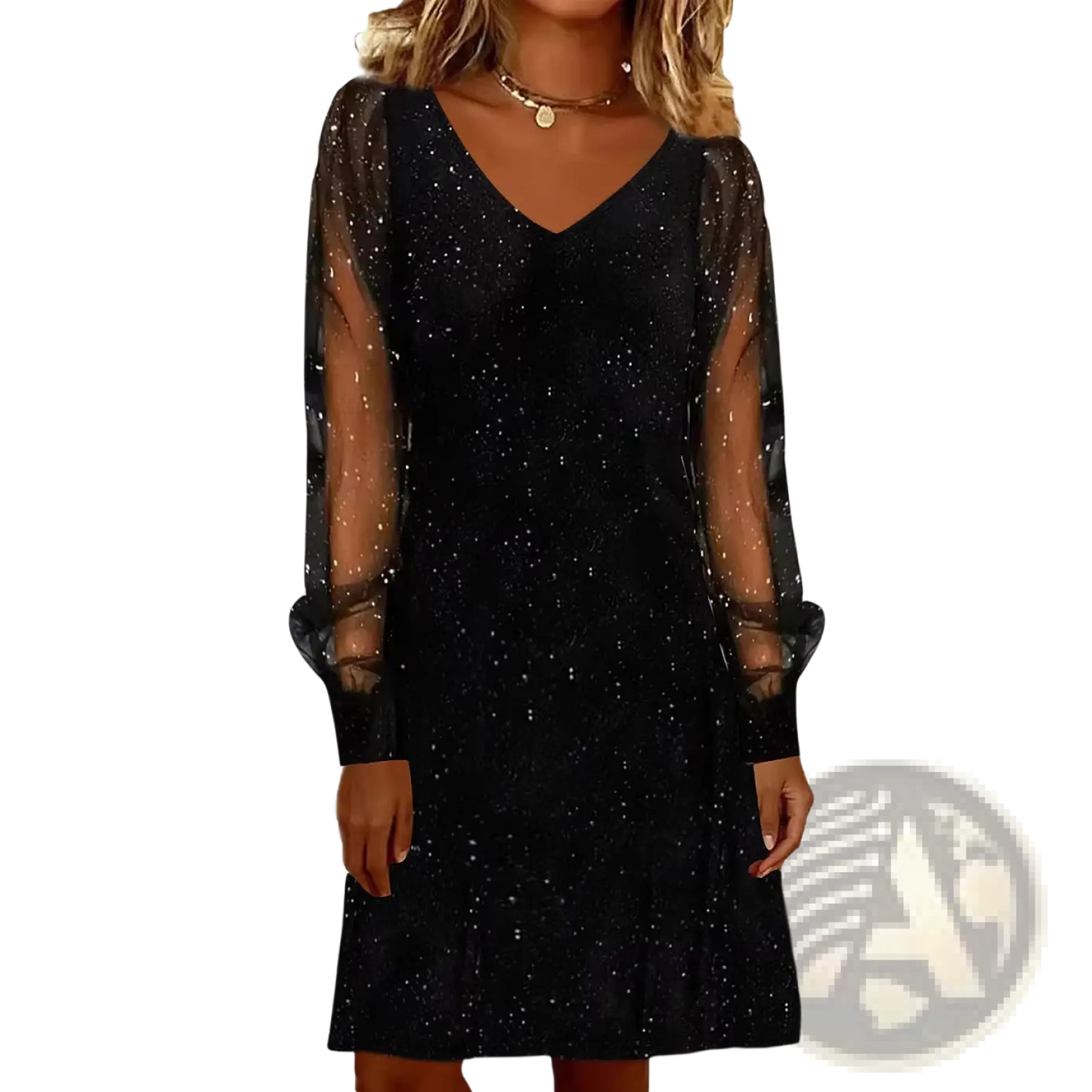 Elegant v Neck Mesh Sleeve Shimmering Mini Party Dress
