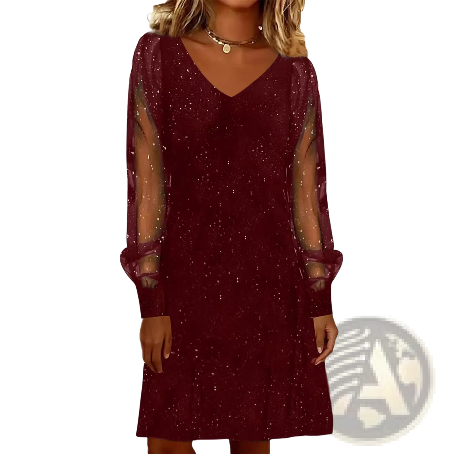 Elegant v Neck Mesh Sleeve Shimmering Mini Party Dress