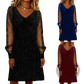 Elegant v Neck Mesh Sleeve Shimmering Mini Party Dress