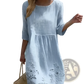 Embroidered Blue Linen Floral Scalloped Umbrella Dress