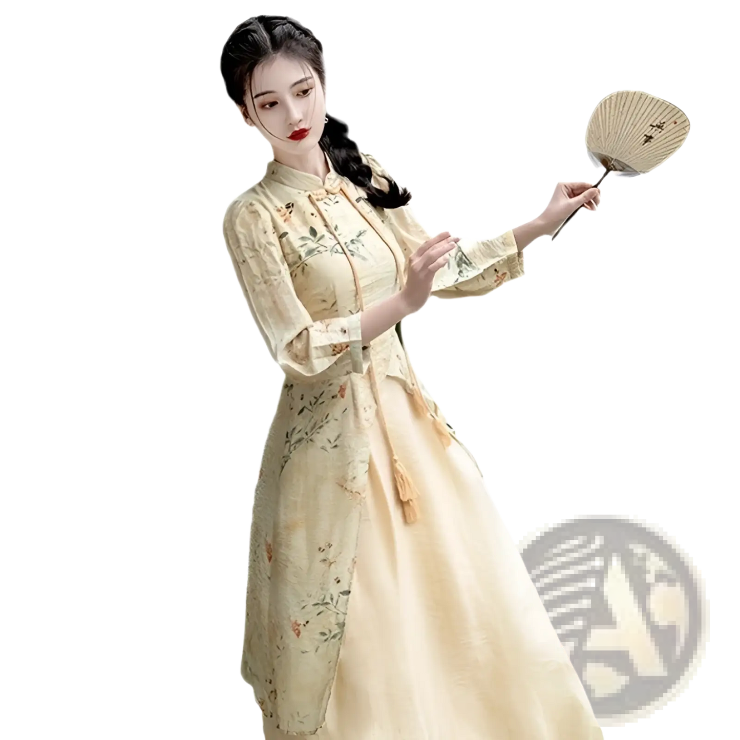 Embroidered Floral Apricot Cheongsam Dress with Tassels