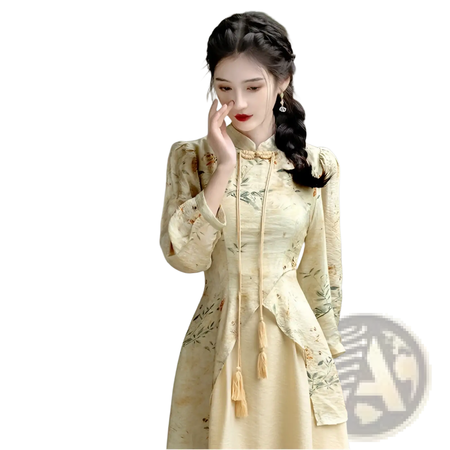 Embroidered Floral Apricot Cheongsam Dress with Tassels
