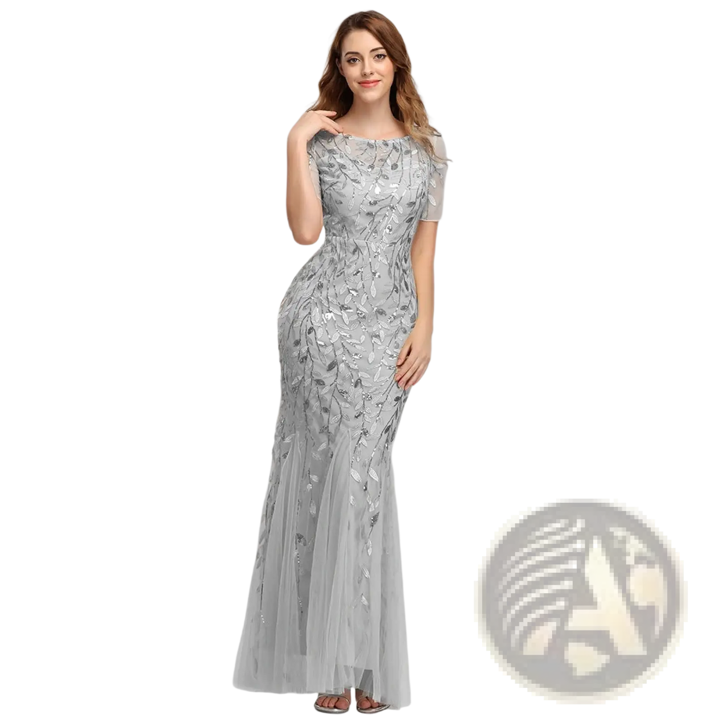 Embroidered Sequin Mermaid Evening Gown with Tulle Skirt