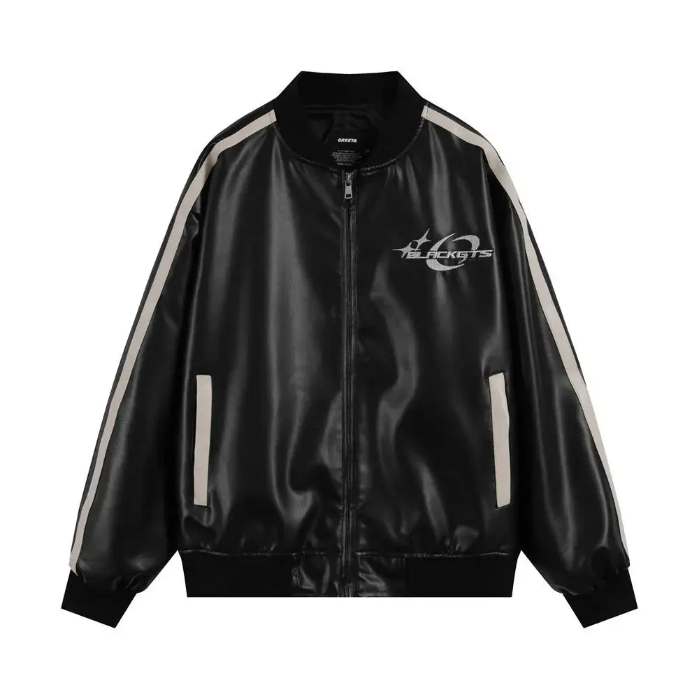 Men's Embroidered Stand Collar Pu Leather Statement Jacket
