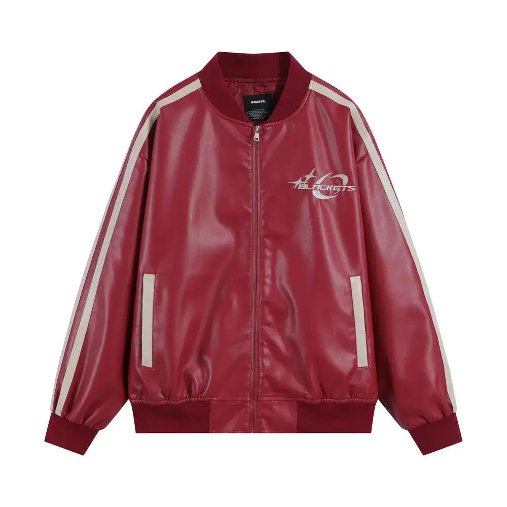 Men's Embroidered Stand Collar Pu Leather Statement Jacket