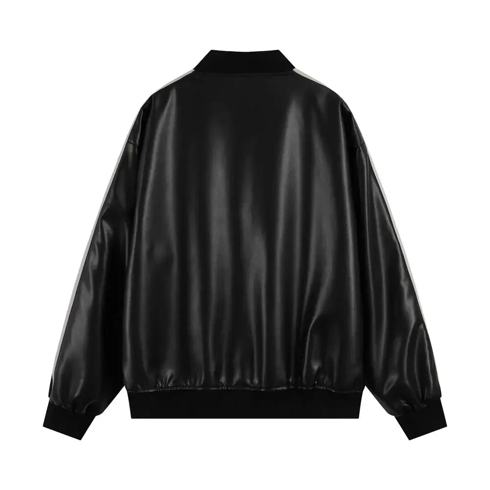 Men's Embroidered Stand Collar Pu Leather Statement Jacket