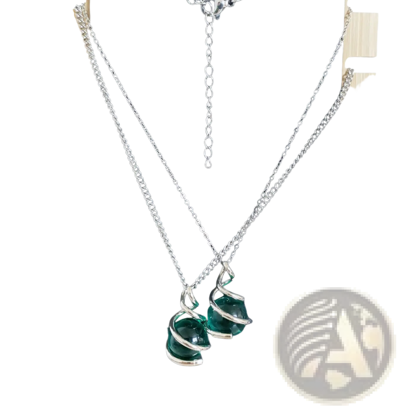 Emerald Green Glass Sphere Silver Spiral Pendant Necklace