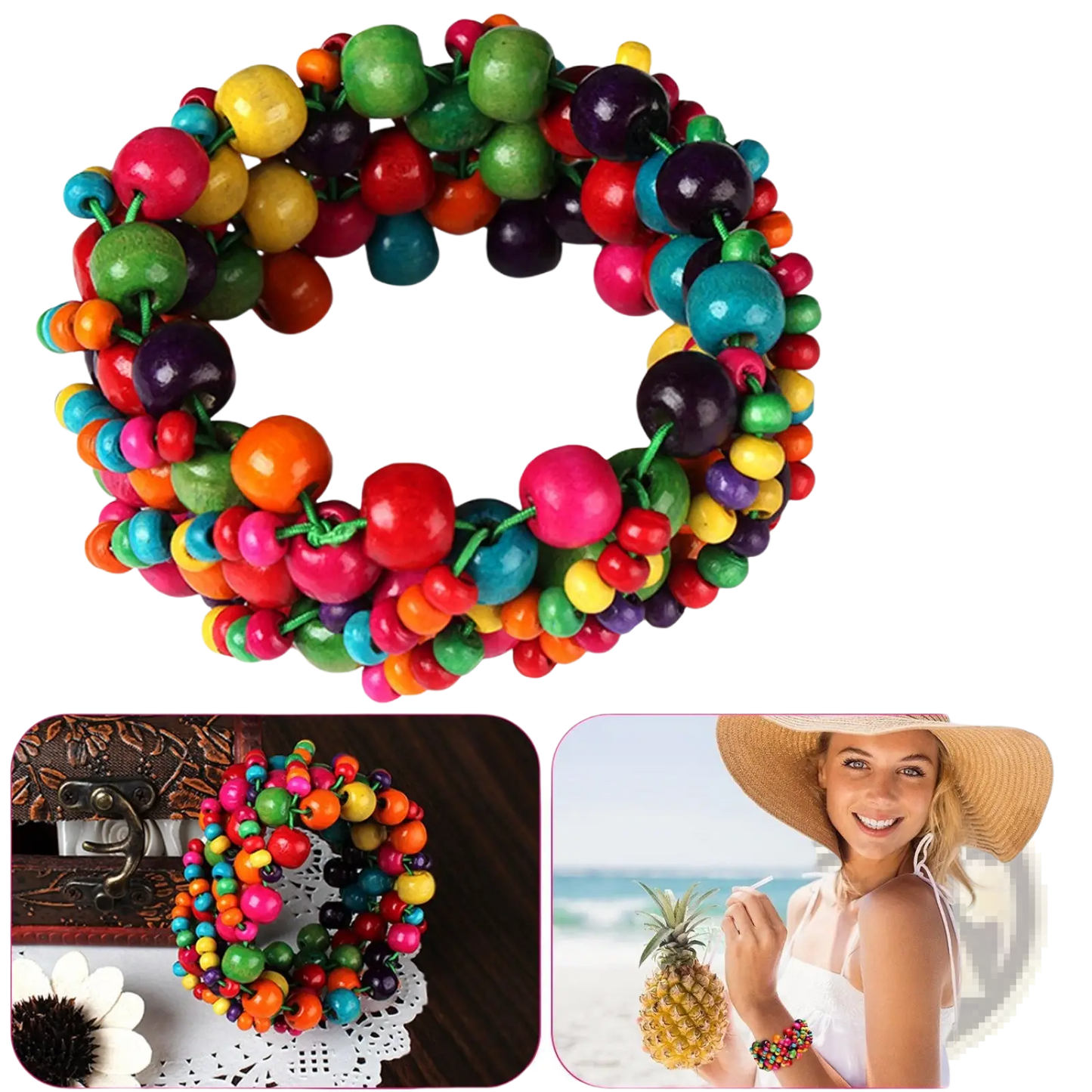 Exotic Multicolored Wooden Beaded Stretch Bracelet with Charms