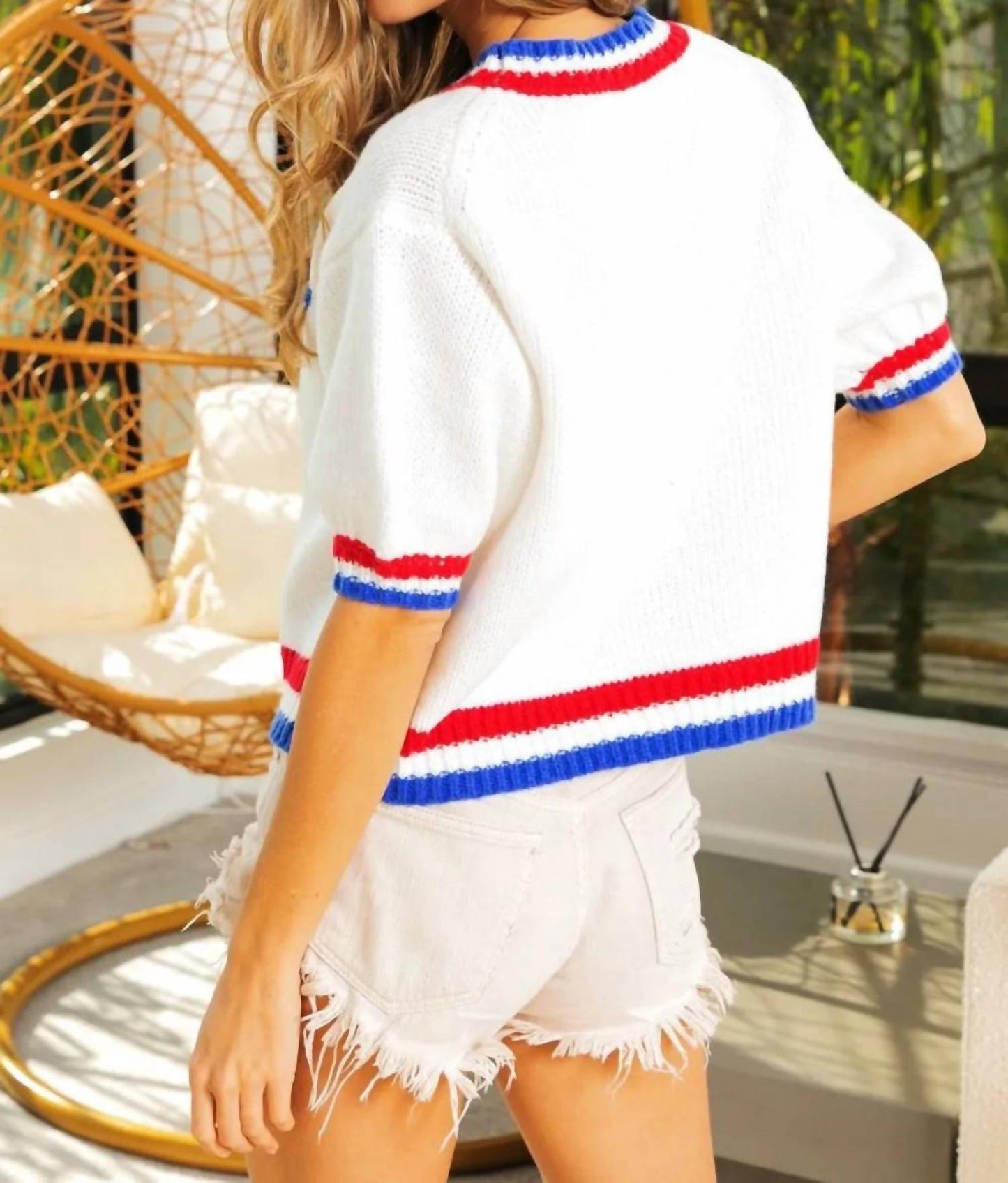 Trendsi - BiBi Metallic America Letter Short Sleeve Sweater